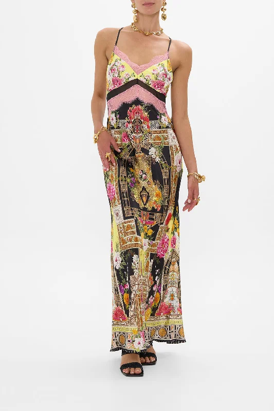 Buy More, Save More LACE SPLICE BIAS LONG DRESS ADORNED IN ALEXANDRIA