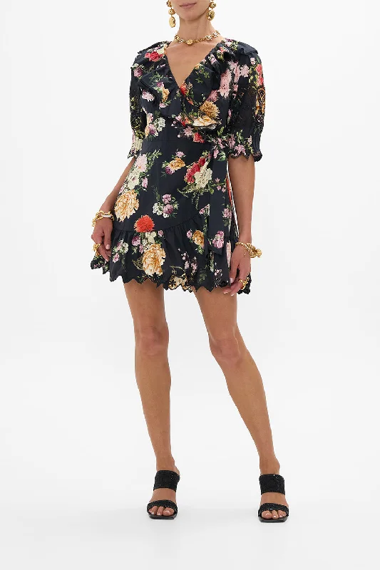 Season Finale Sale MINI WRAP DRESS WITH PUFF SLEEVE ADORNED IN ALEXANDRIA