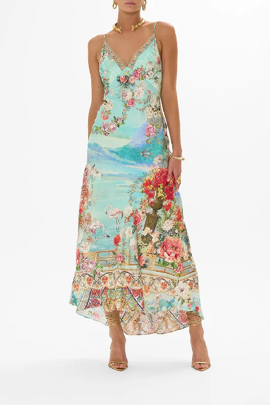 Exclusive Deal V NECK BIAS SLIP DRESS WITH BACK FRILL THE JEWELLERY MUSEUM