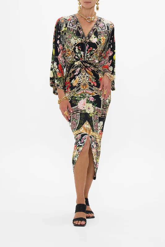 Discount Extravaganza LONG SPLIT FRONT TWIST DRESS ADORNED IN ALEXANDRIA