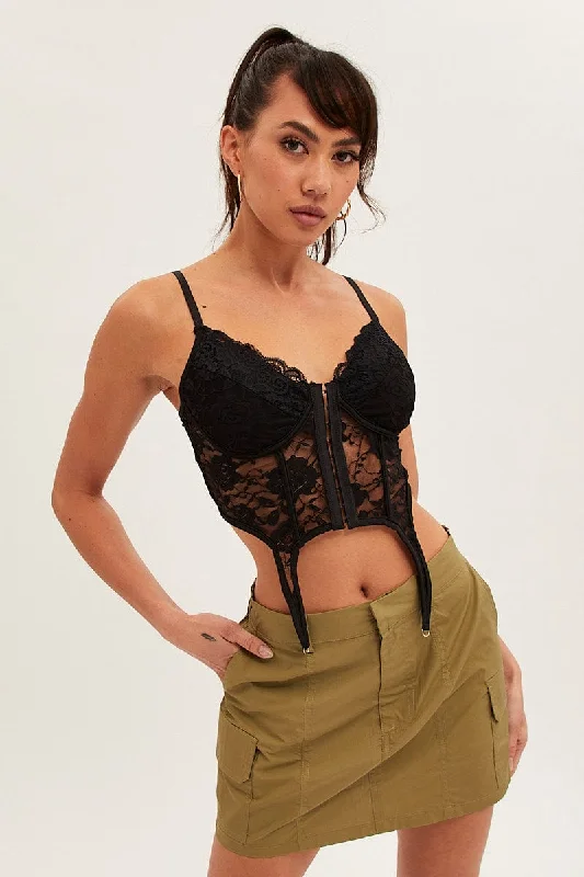 Closeout Sale Black Corset Top Sleeveless Sweetheart Crop Garter Lace