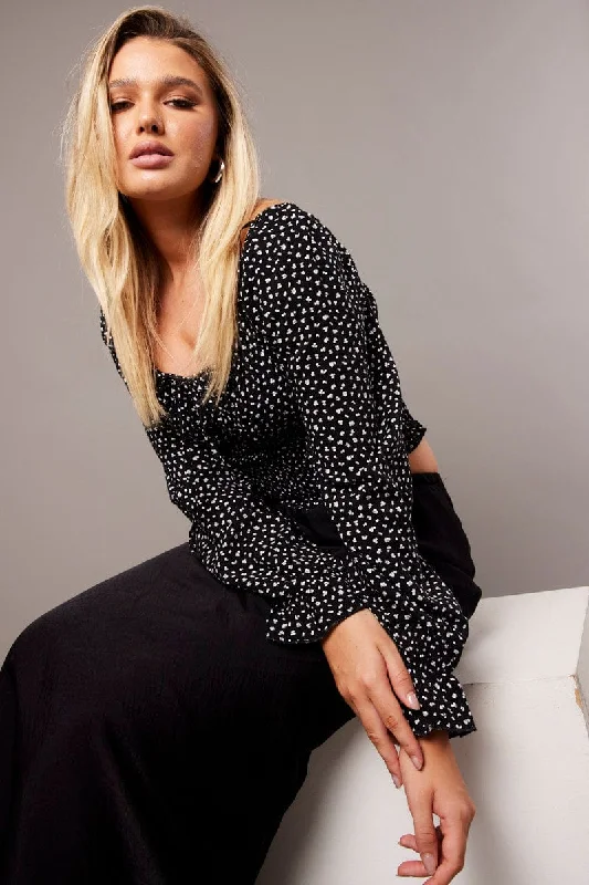 Warehouse Sale Black Ditsy Crop Top Long Sleeve Shirred Waist