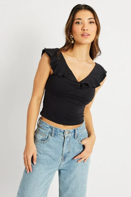 Today Only Black Ruffle Neck Top Sleeveless Supersoft