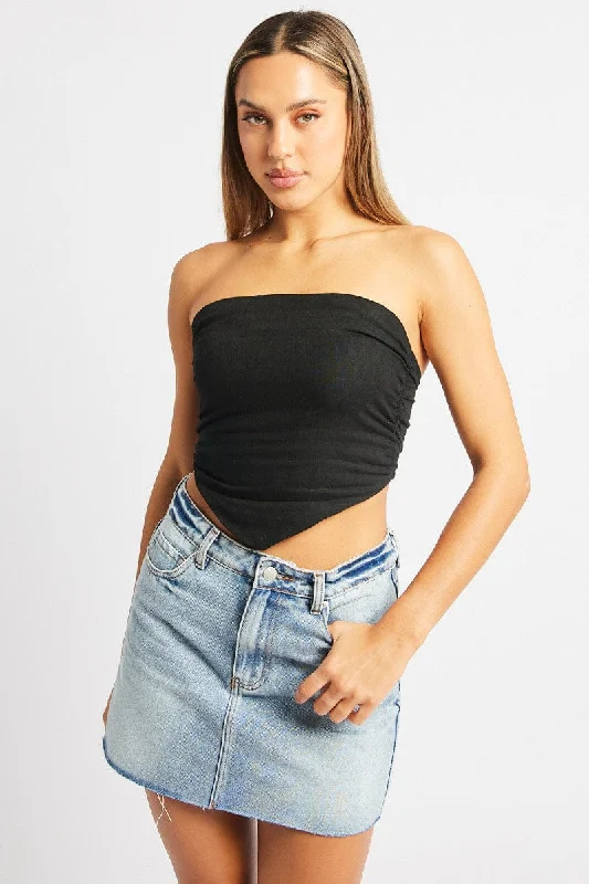 Extra Savings Black Scarf Top Boob Tube Shirred Back Linen Blend