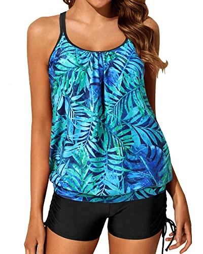Markdown Madness Slimming Push Up Padded Bra Blouson Tankini Swimsuit Shorts-Dark Blue Green Leaves