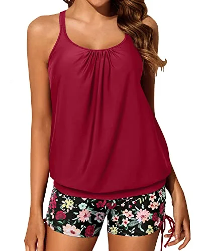 Limited Time Discount Slimming Tummy Control Blouson Tankini Two Piece Swimsuit Shorts-Red Floral