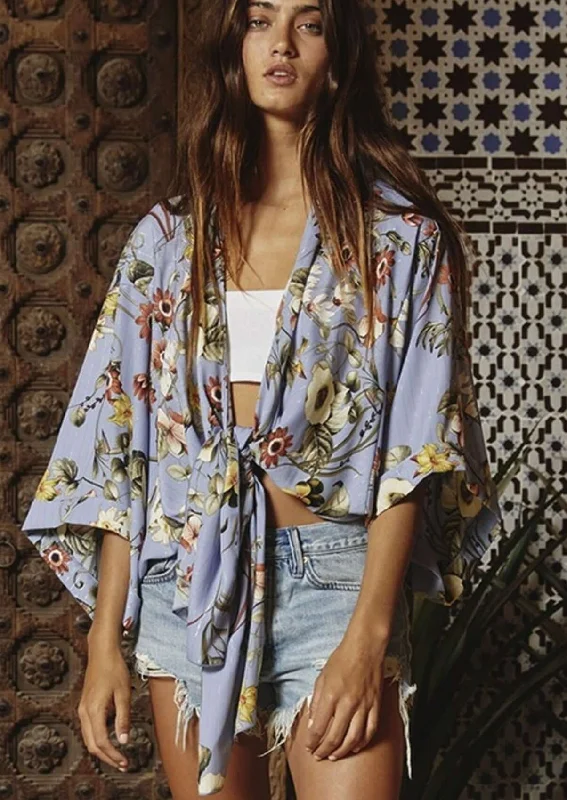 Hot Deal Blue Floral Bohemian Inspired Tie Front Kimono Made in USA