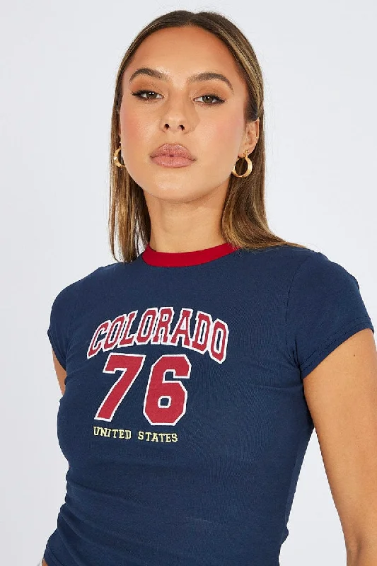 Bargain Prices Blue Graphic Tee Short Sleeve