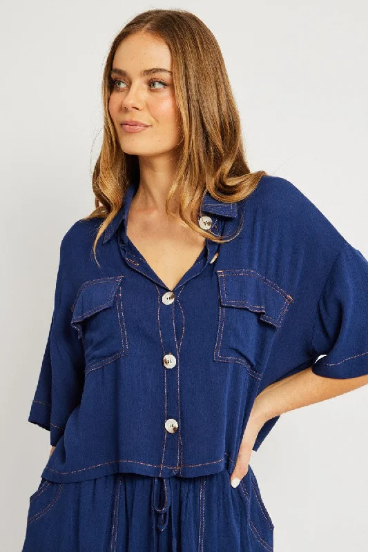 Grand Opening Sale Blue Relaxed Shirt Short Sleeve