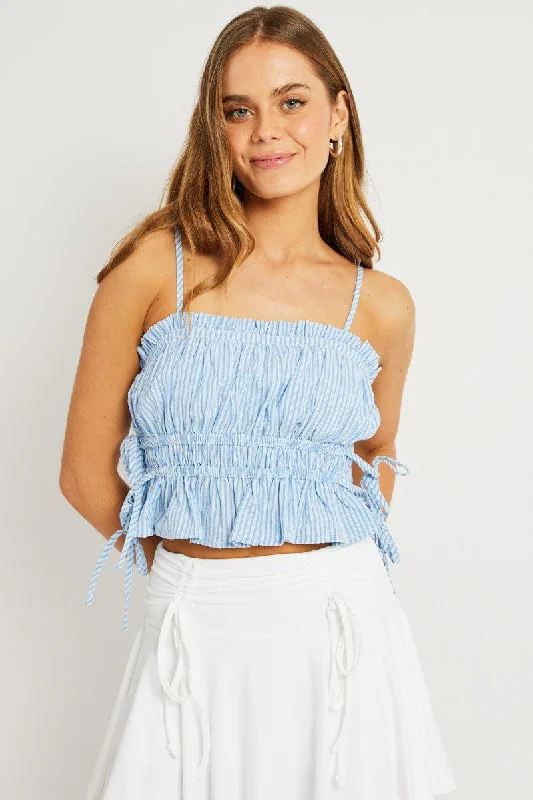 Epic Deals Blue Stripe Crop Top Sleeveless Ruched
