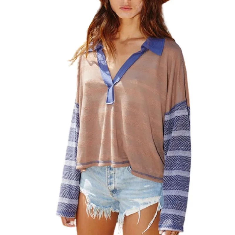 Online Only Cool Contrast Spread Collar V-neck Semi-Cropped Top Made in USA