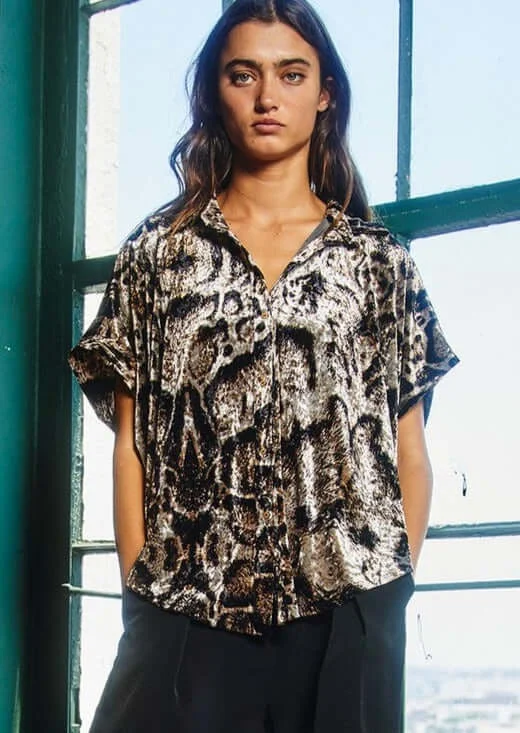 Must-Have Deals Leopard Velvet High Low Button Up Top Made in USA - Clearance Final Sale