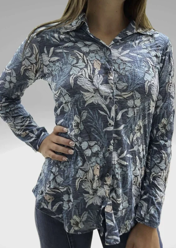 Can't Be Beat Designer Blue Floral Rhinestone Embellished Top Made in USA