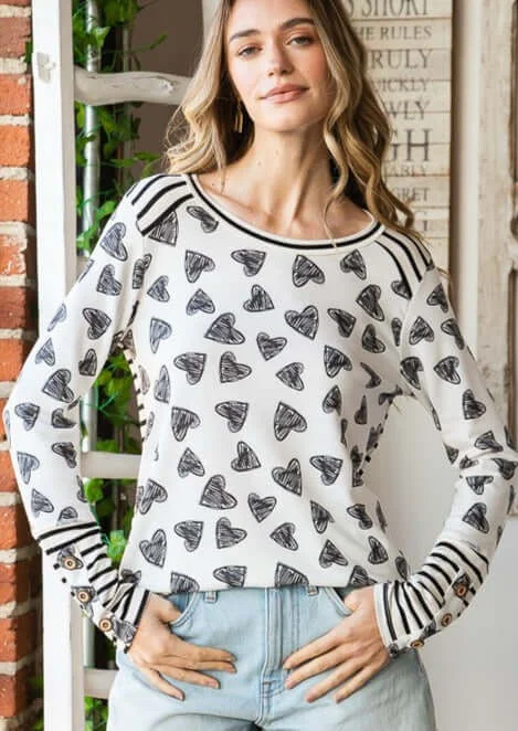 Price Blitz Heart Print Striped Contrast Super Cute Top Made in USA