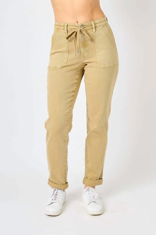 Stock Clearance High Waist Garment Dyed Cuffed Joggers In Khaki