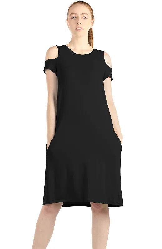 Price Drop icyzone Casual Summer Dress for Women - Cold Shoulder T-Shirt Midi Dresses with Pockets