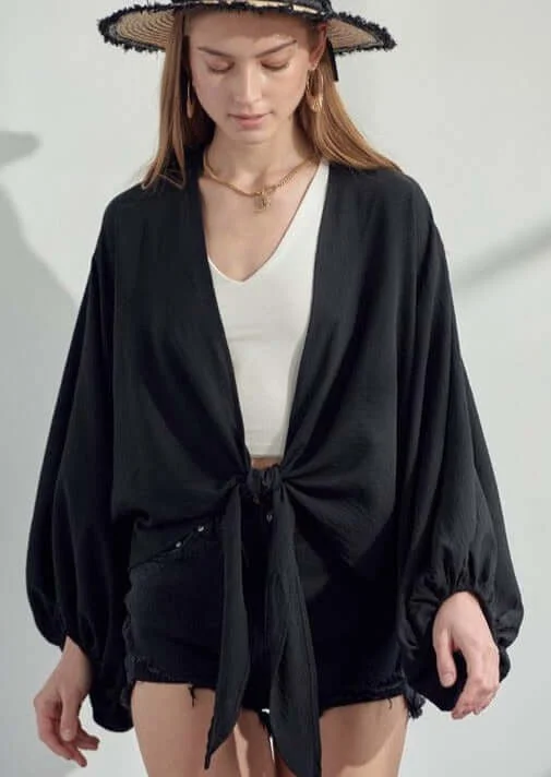 While Supplies Last Black Satin Tie Front Kimono Made in USA