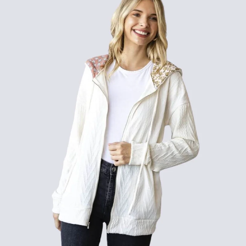 The Best Prices Classy Cable Knit Hoodie With Printed Hood Detail Made in USA