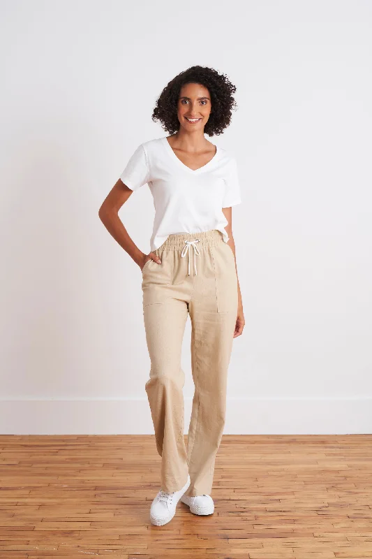 Great Bargains Laundered Linen Pants with Wide Elastic for Tummy Control and Adjustable Drawstring (Oatmeal)