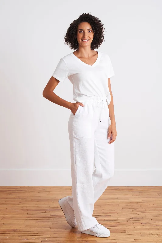 Lowest Prices Laundered Linen Pants with Wide Elastic for Tummy Control and Adjustable Drawstring (White)