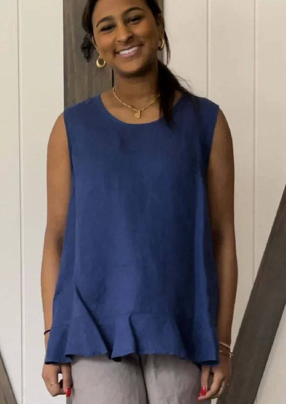 Seasonal Clearance Linen Collection French Blue Flounce Ruffle Top Made in USA - CLEARANCE FINAL SALE