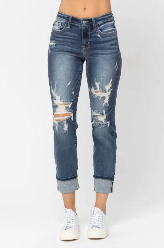 Price Break Mid Rise Cuffed Destroy Boyfriend Jeans In Blue