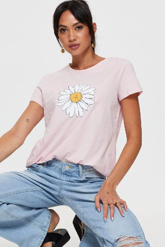 Deal Zone Pink Graphic T Shirt Short Sleeve