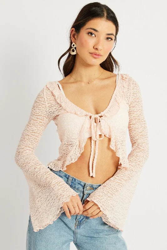 Weekend Special Pink Tie Front Frill Top Long Sleeve Lace