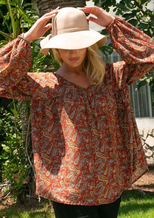 Today's Special Terracotta Paisley Print Baby Doll Top Made in USA - Plus Size
