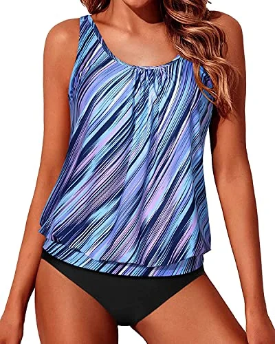 Deal Mania Soft Push Up Bra Cups Blouson Tankini Swimsuits For Women-Blue And Black Stripe