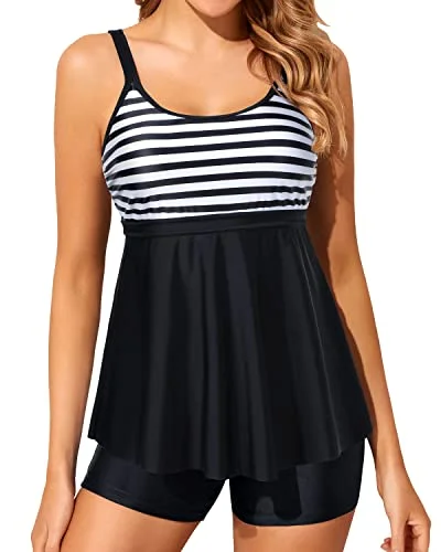Amazing Deals U Neck Tummy Control Swimsuits Modest Swimwear Two Piece Tankini Bathing Suits-Black And White Stripe