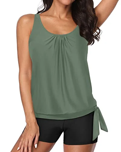 Bargain Blast Blouson Tankini Top & Boy Shorts Swimsuits For Women-Olive Green