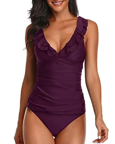 Final Clearance Ruffle Flounce Tankini Ruched Swimwear For Women-Maroon