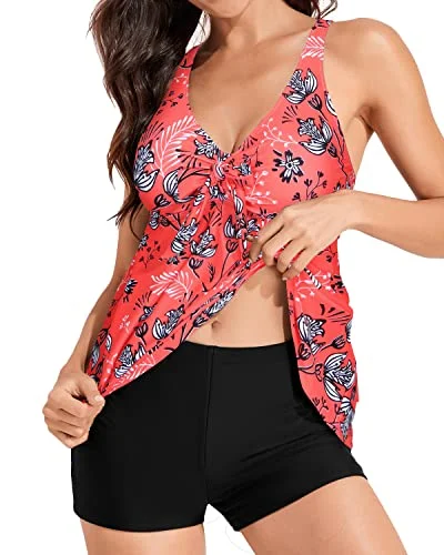 Limited Quantity Two Piece Tankini Set Bowknot And High Waisted Boyshort For Women-Red Floral