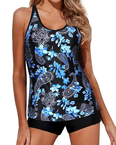 YEAR-End Clearance 2 Piece Tankini Swimsuits Boy Shorts Athletic Swim Tank Top Bathing Suits-Black Floral