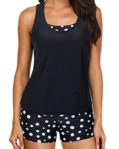 Limited Stock Women's 3 Piece Tankini Set Sports Bra & Mid Waist Boyleg Bottoms-Black Dot