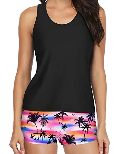 Midnight Sale Trendy 3 Piece Athletic Tankini Bathing Suit Boy Shorts For Women-Black Palm Tree