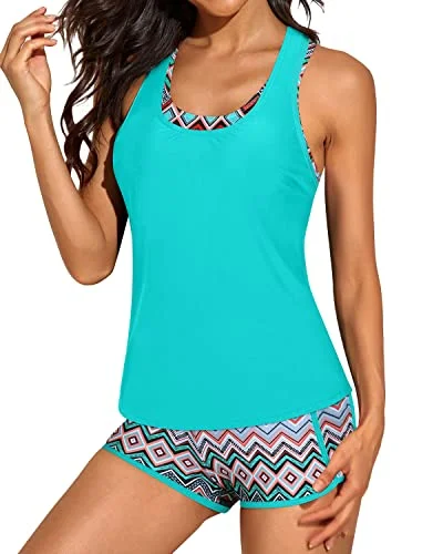 Flash Deals Flattering Racerback 3 Piece Tankini Swimsuits For Women-Green Tribal