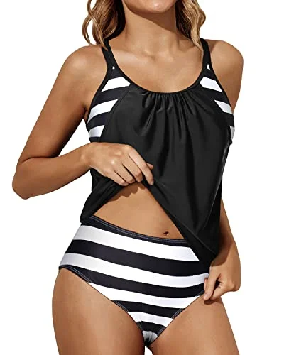 Blowout Deals Blouson Tankini Top Bottom Double Up Bathing Suit Tankini Swimsuits For Women-Black And White Stripe
