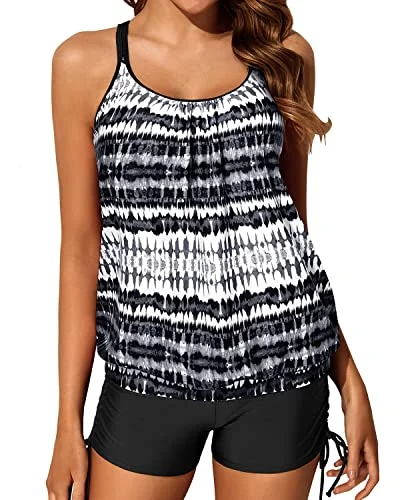 Take Advantage Athletic Blouson Tankini Swimsuits Two Piece Strappy Bathing Suit Tops Shorts-Black And White Tribal