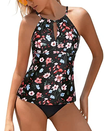 Final Markdown High Neck Two Piece Swimsuits For Women Triangle Bottom Modest Bathing Suit-Black And Pink Floral