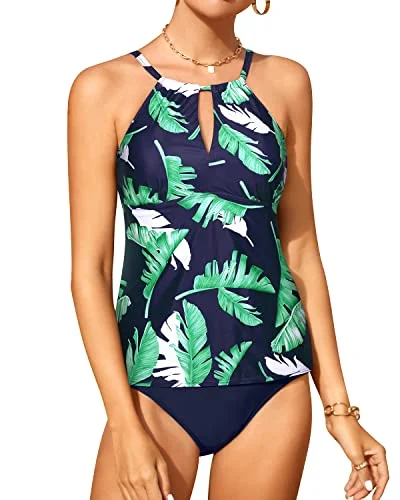 Big Savings Tankini Bathing Suits For Women High Waisted Bottom 2 Piece Swimsuit For Women-Blue Leaf
