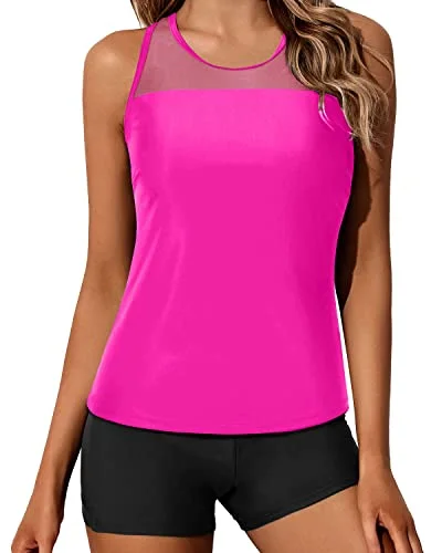 Last Chance Sporty Racerback Tankini Top And Boyleg Shorts Swimsuit Set For Women-Neon Pink And Black