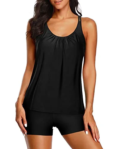Flash Sale Modest Tankini Swimsuit Tank Top And Boy Shorts Casual Tankini Set-Black