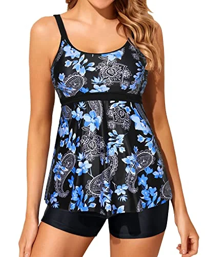 Price Drop Two Piece Tankini Bathing Suits For Women Tummy Control Swimsuits Boy Shorts-Blue Floral