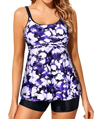 Special Savings U Neck Modest Swimwear Two Piece Tankini Bathing Suits Boy Shorts-Blue Floral