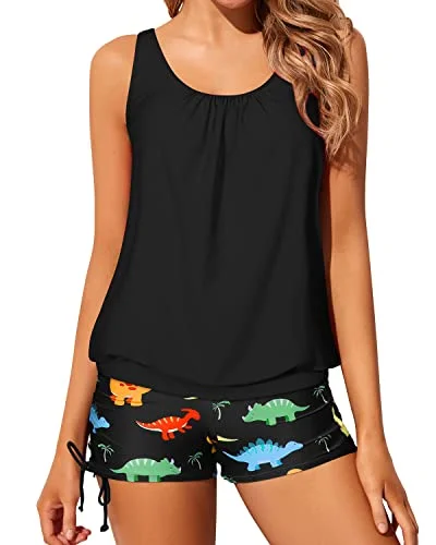 Price Drop Alert Loose Fit Blouson Tankini Swimsuits Boyshorts For Women-Black Dinosaur
