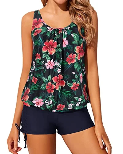 Limited Time Offer Modest Print Colorful Blouson Tankini Swimsuits For Women-Navy Blue Flowers