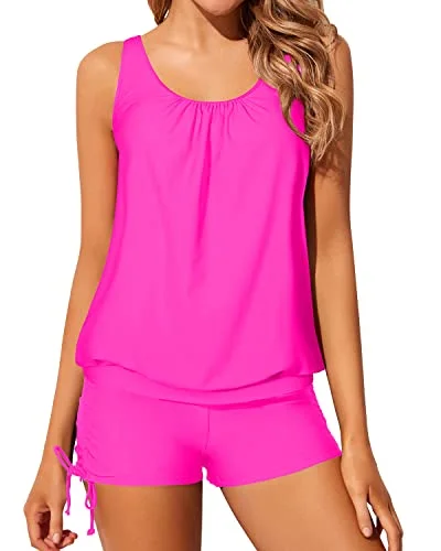 Exclusive Deal Loose Fit Women's Blouson Tankini Swimwear Modest Coverage-Neon Pink