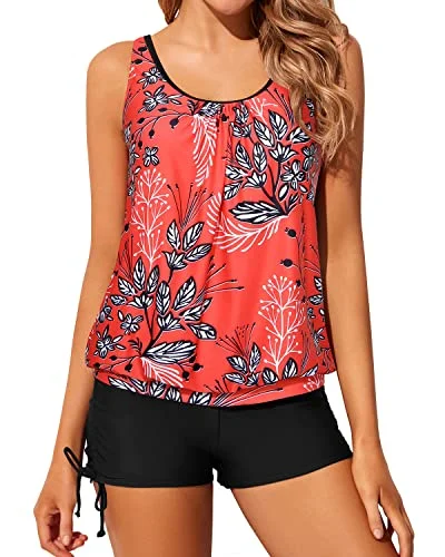 Big Discounts Womens Swimsuits Side Ties Blouson Tankini Swimsuits-Red Floral